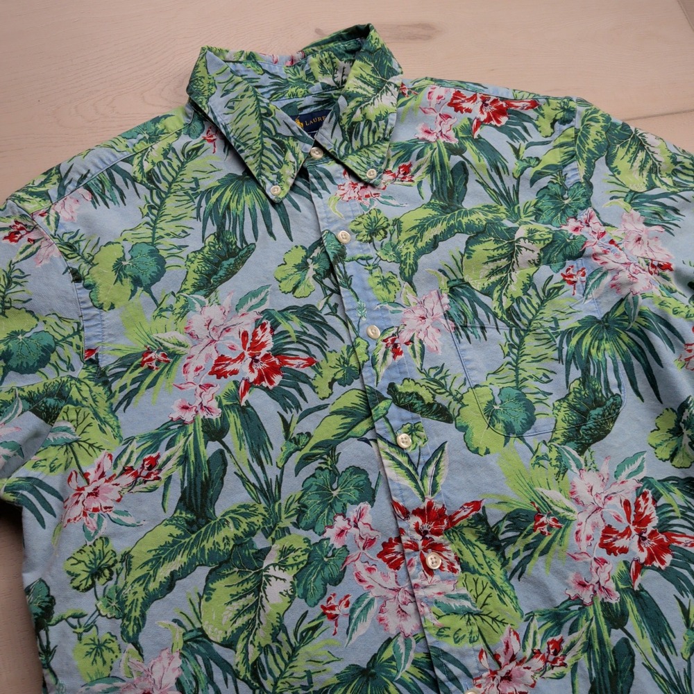 Ralph Lauren Hawaiian Shirt Mens L Tropical Floral Button Down Short Sleeve